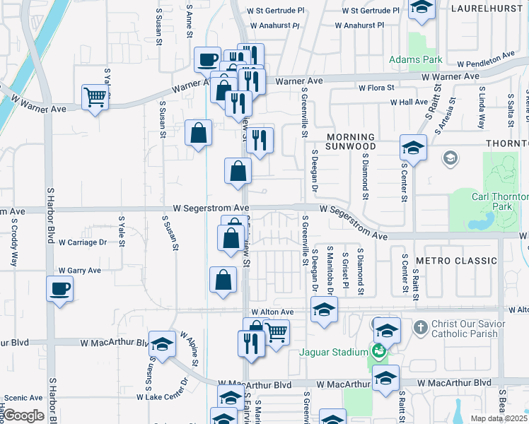 map of restaurants, bars, coffee shops, grocery stores, and more near 2730C West Segerstrom Avenue in Santa Ana