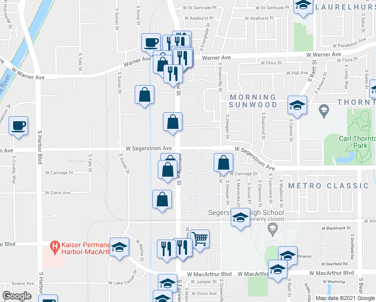 map of restaurants, bars, coffee shops, grocery stores, and more near 2901 South Fairview Street in Santa Ana