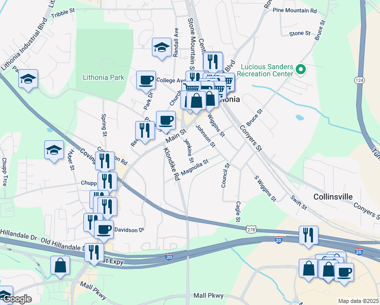 map of restaurants, bars, coffee shops, grocery stores, and more near 6860 Robinson Street in Lithonia