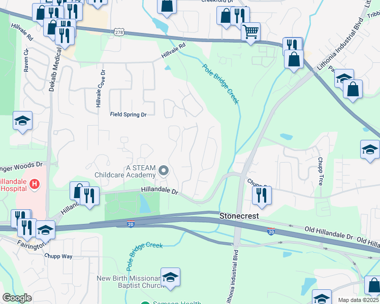 map of restaurants, bars, coffee shops, grocery stores, and more near 712 Hillandale Lane in Lithonia