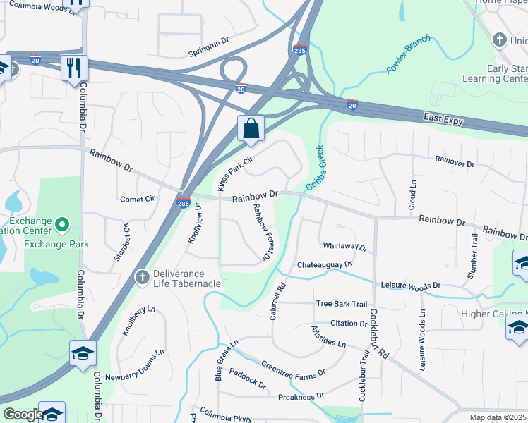 map of restaurants, bars, coffee shops, grocery stores, and more near 2678 Rainbow Forest Drive in Decatur