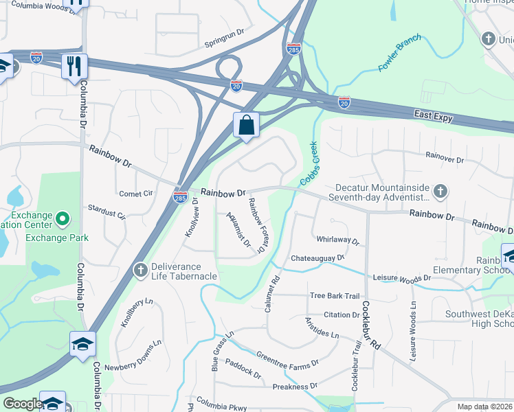 map of restaurants, bars, coffee shops, grocery stores, and more near 2700 Rainbow Forest Drive in Decatur