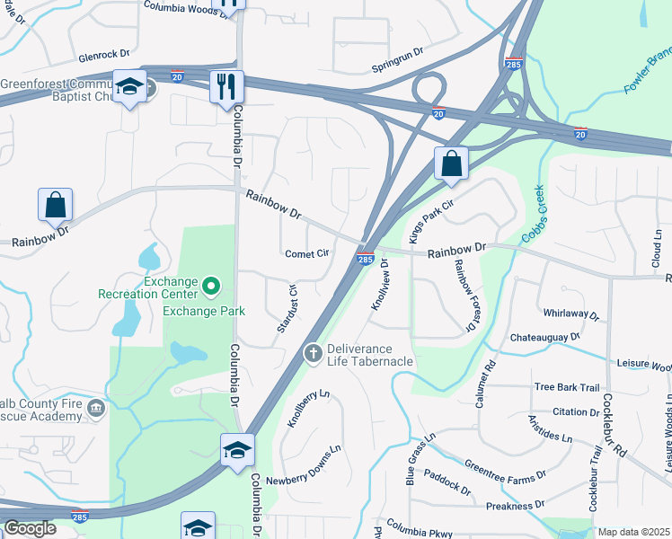 map of restaurants, bars, coffee shops, grocery stores, and more near 2678 Stardust Trail in Decatur