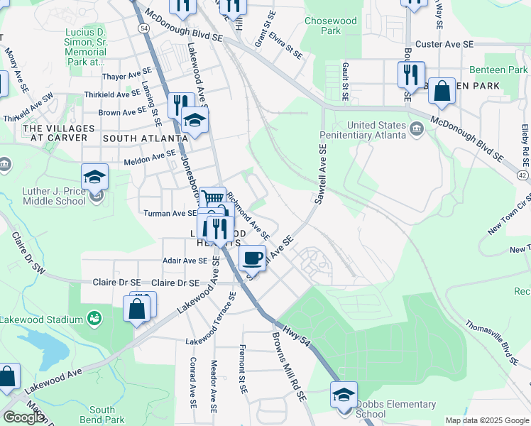 map of restaurants, bars, coffee shops, grocery stores, and more near 1104 Oak Knoll Terrace Southeast in Atlanta