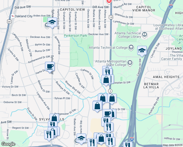 map of restaurants, bars, coffee shops, grocery stores, and more near 1764 Cahoon Street Southwest in Atlanta