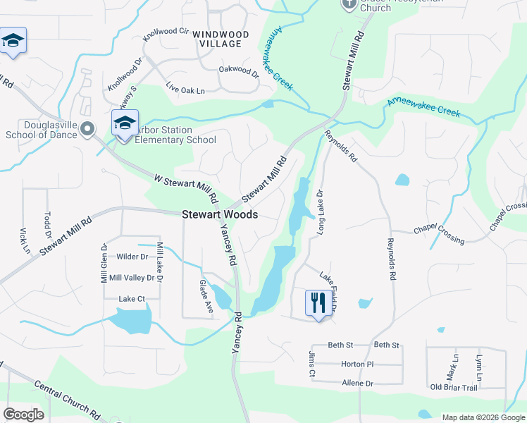 map of restaurants, bars, coffee shops, grocery stores, and more near 5180 Chattanooga Way in Douglasville