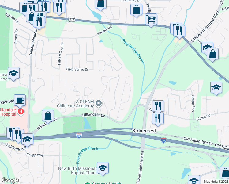 map of restaurants, bars, coffee shops, grocery stores, and more near 6256 Hillandale Drive in Lithonia