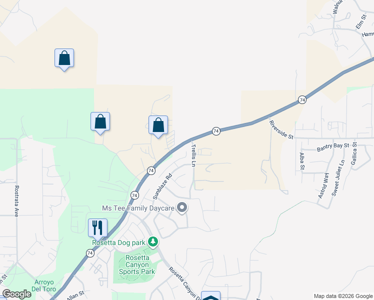 map of restaurants, bars, coffee shops, grocery stores, and more near 45028 Altissimo Way in Lake Elsinore