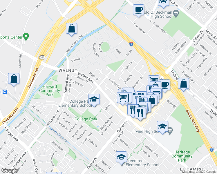map of restaurants, bars, coffee shops, grocery stores, and more near 3732 Provincetown Avenue in Irvine