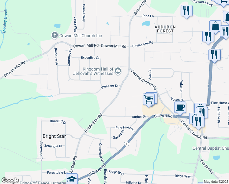 map of restaurants, bars, coffee shops, grocery stores, and more near 3610 Bright Star Road in Douglasville
