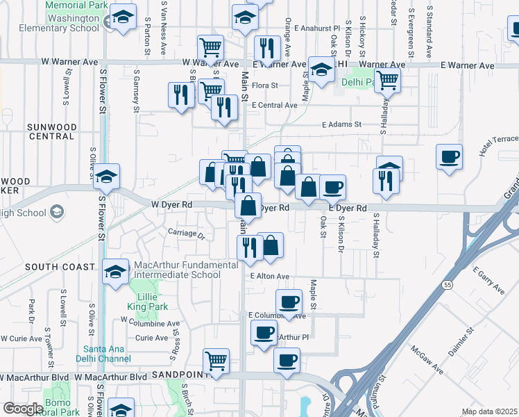 map of restaurants, bars, coffee shops, grocery stores, and more near 110 East Dyer Road in Santa Ana