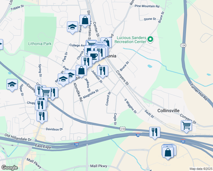 map of restaurants, bars, coffee shops, grocery stores, and more near 2644 Johnson Street in Lithonia