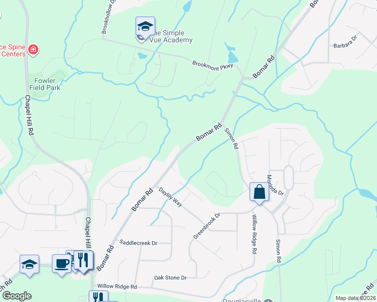 map of restaurants, bars, coffee shops, grocery stores, and more near 3530 Bomar Road in Douglasville