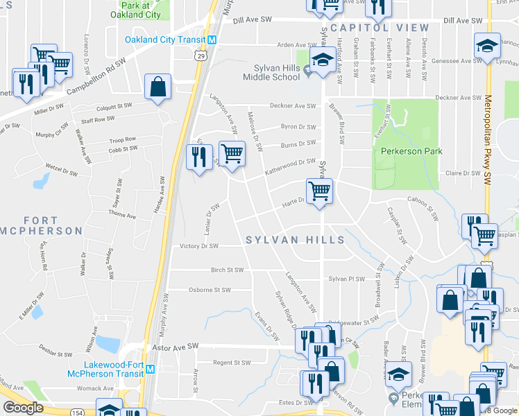 map of restaurants, bars, coffee shops, grocery stores, and more near 1696 Langston Avenue Southwest in Atlanta