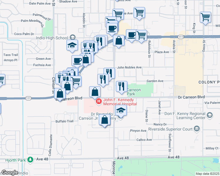 map of restaurants, bars, coffee shops, grocery stores, and more near 46883 Monroe Street in Indio