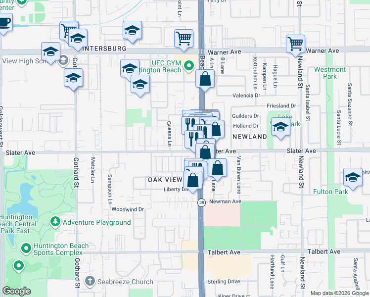 map of restaurants, bars, coffee shops, grocery stores, and more near 17462 Keelson Lane in Huntington Beach