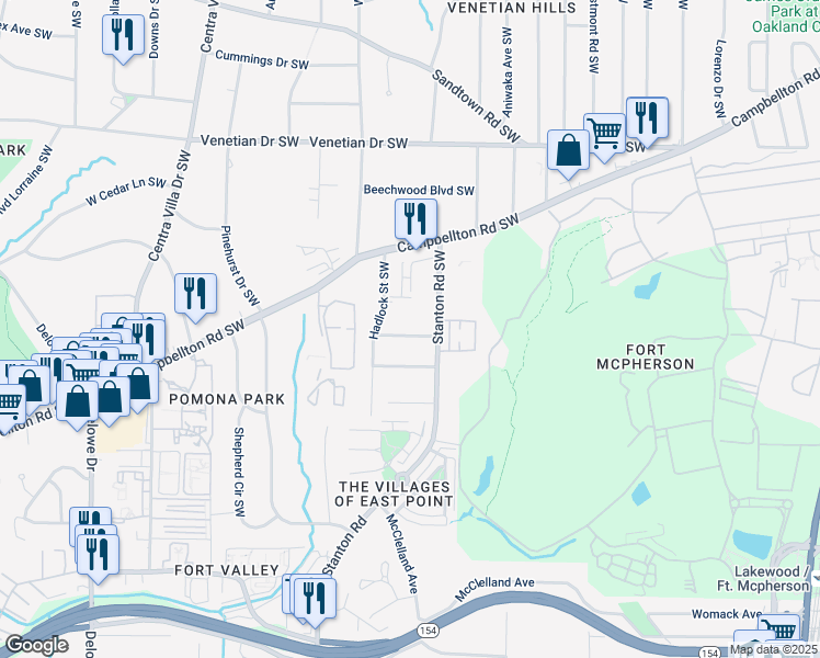 map of restaurants, bars, coffee shops, grocery stores, and more near 1737 Marcel Avenue Southwest in Atlanta