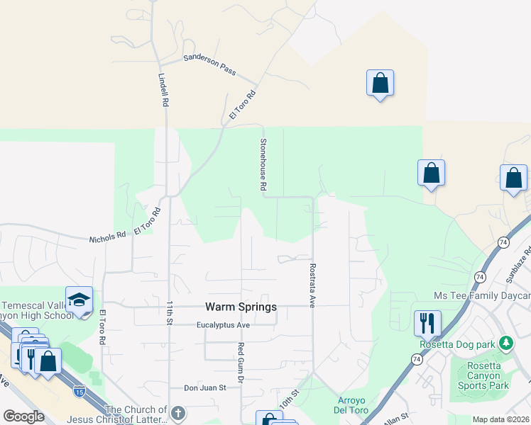 map of restaurants, bars, coffee shops, grocery stores, and more near Vía Dorothea in Lake Elsinore