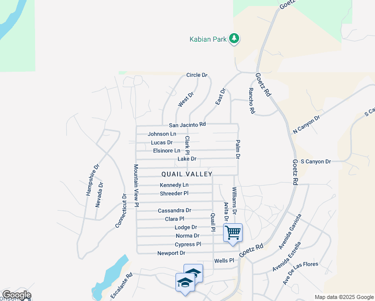 map of restaurants, bars, coffee shops, grocery stores, and more near Elsinore Lane in Menifee