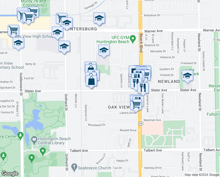 map of restaurants, bars, coffee shops, grocery stores, and more near 7731 Slater Avenue in Huntington Beach