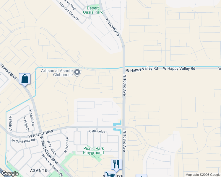 map of restaurants, bars, coffee shops, grocery stores, and more near 16394 West Saguaro Park Lane in Surprise