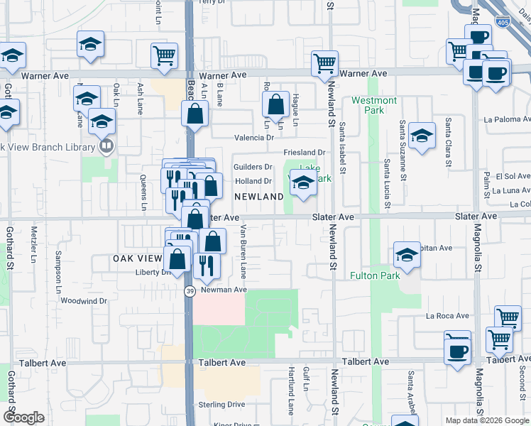map of restaurants, bars, coffee shops, grocery stores, and more near 17523 Jefferson Lane in Huntington Beach