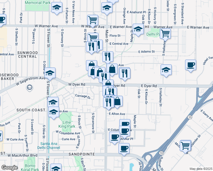 map of restaurants, bars, coffee shops, grocery stores, and more near S Main St & W Dyer Rd in Santa Ana
