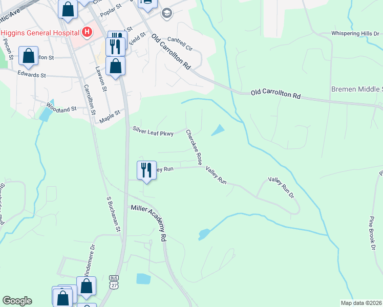 map of restaurants, bars, coffee shops, grocery stores, and more near 701 Cherokee Rose in Bremen