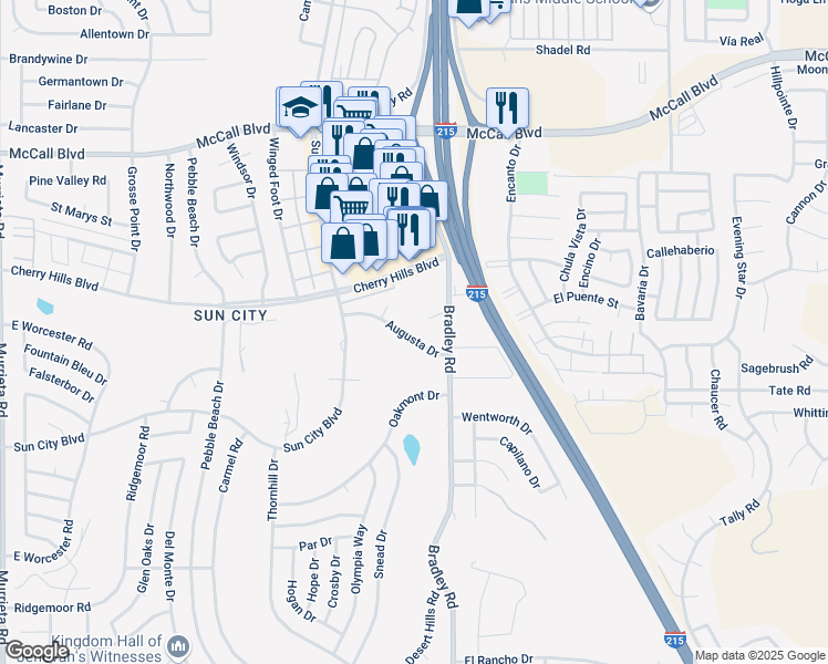 map of restaurants, bars, coffee shops, grocery stores, and more near 26900 Augusta Drive in Menifee