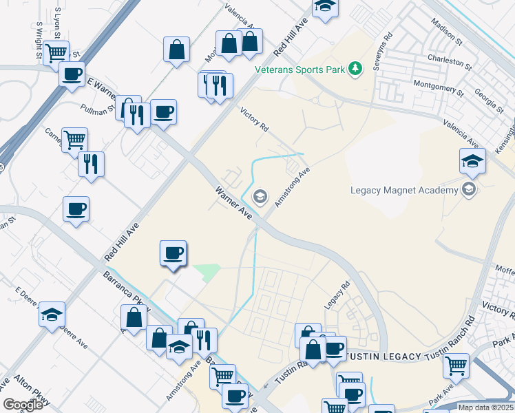 map of restaurants, bars, coffee shops, grocery stores, and more near 15991 Armstrong Avenue in Tustin