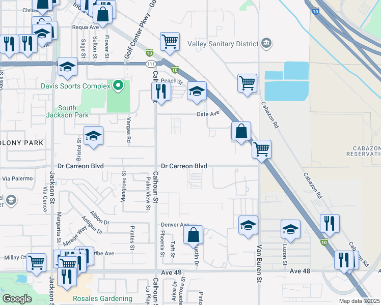map of restaurants, bars, coffee shops, grocery stores, and more near 83734 Doctor Carreon Boulevard in Indio