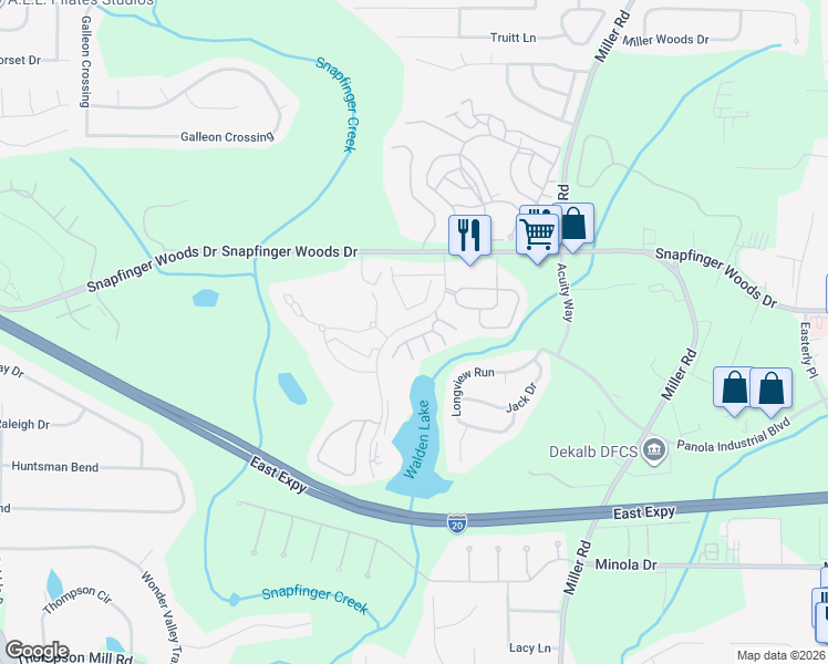 map of restaurants, bars, coffee shops, grocery stores, and more near 4927 Walden Lake Square in Decatur