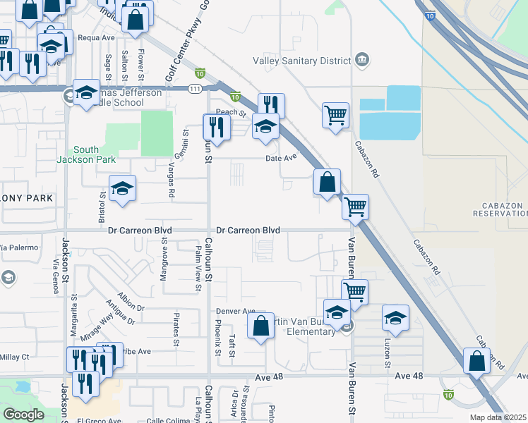 map of restaurants, bars, coffee shops, grocery stores, and more near 83734 Doctor Carreon Boulevard in Indio