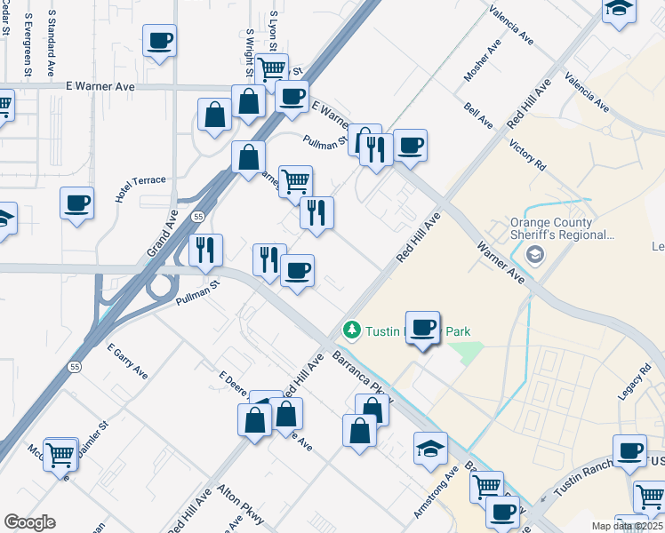 map of restaurants, bars, coffee shops, grocery stores, and more near 2550 Red Hill Avenue in Santa Ana