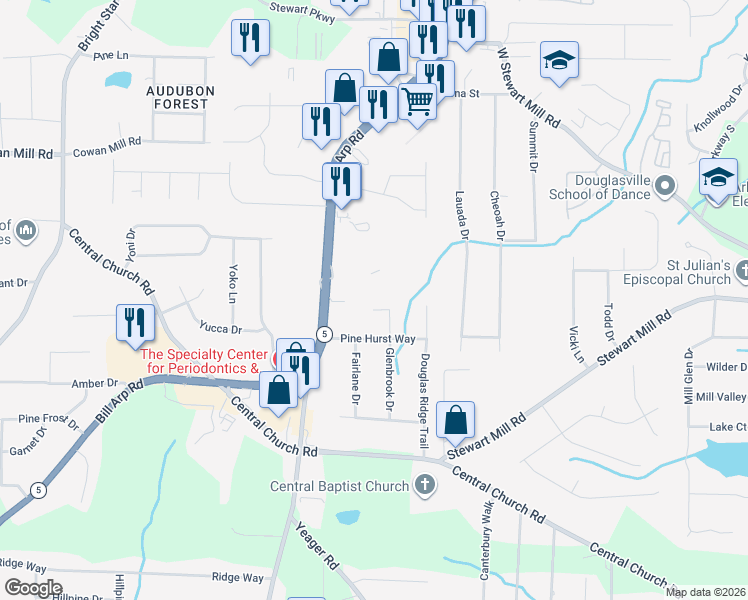 map of restaurants, bars, coffee shops, grocery stores, and more near 3585 Marshall Court in Douglasville