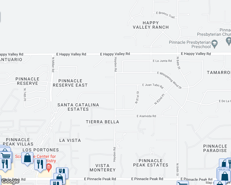 map of restaurants, bars, coffee shops, grocery stores, and more near 24388 North Hayden Road in Scottsdale