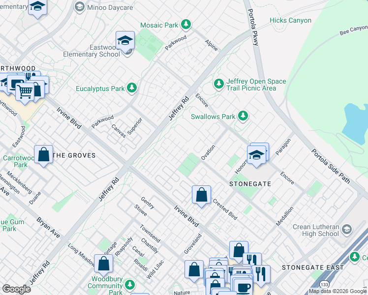 map of restaurants, bars, coffee shops, grocery stores, and more near 51 Devonshire in Irvine