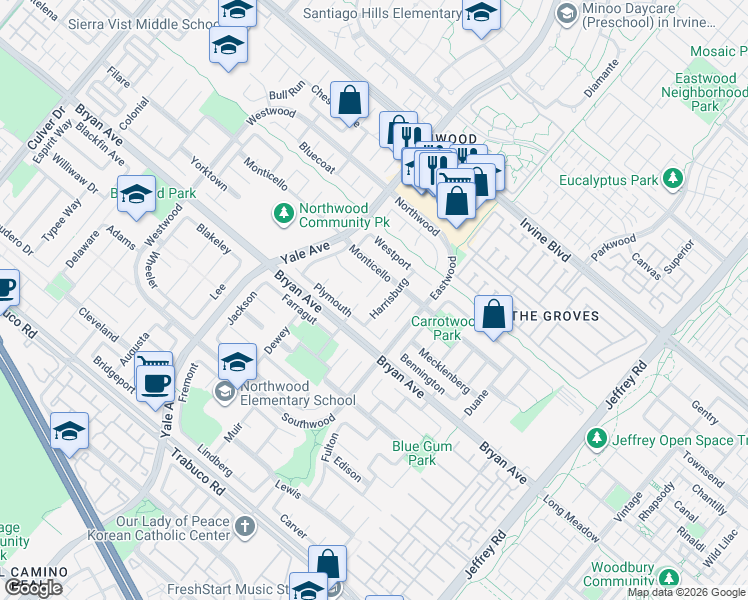 map of restaurants, bars, coffee shops, grocery stores, and more near 4 Harrisburg in Irvine