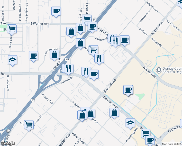 map of restaurants, bars, coffee shops, grocery stores, and more near 2001 East Dyer Road in Santa Ana