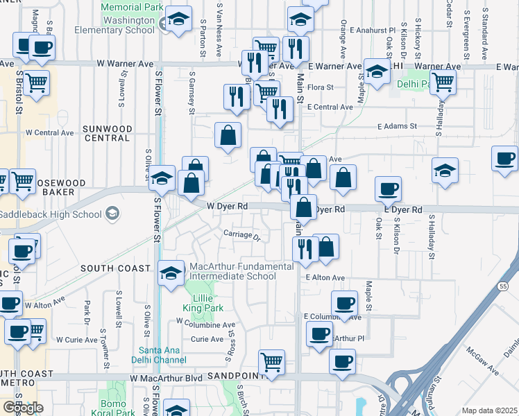 map of restaurants, bars, coffee shops, grocery stores, and more near 2931 South Sycamore Street in Santa Ana