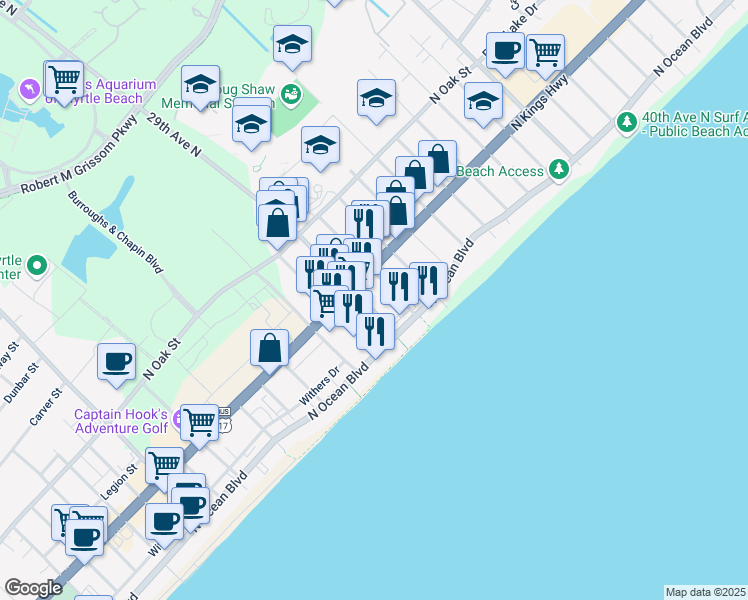map of restaurants, bars, coffee shops, grocery stores, and more near 400 29th Avenue North in Myrtle Beach