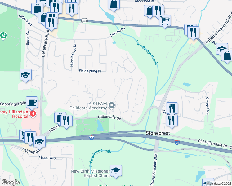 map of restaurants, bars, coffee shops, grocery stores, and more near 2623 Embarcadero Drive in Lithonia