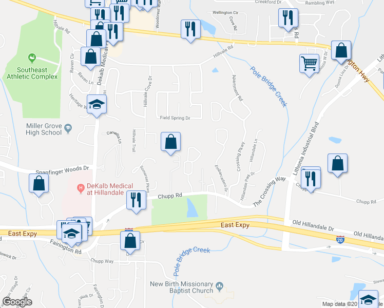 map of restaurants, bars, coffee shops, grocery stores, and more near 6200 Hillandale Drive in Lithonia