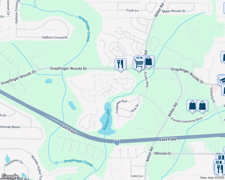 map of restaurants, bars, coffee shops, grocery stores, and more near 2553 Walden Lake Drive in Decatur