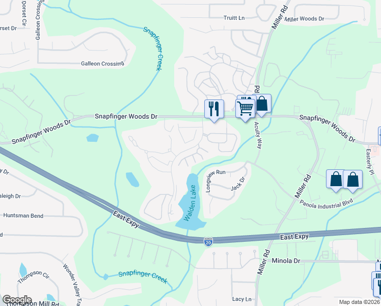 map of restaurants, bars, coffee shops, grocery stores, and more near 2531 Walden Lake Drive in Decatur