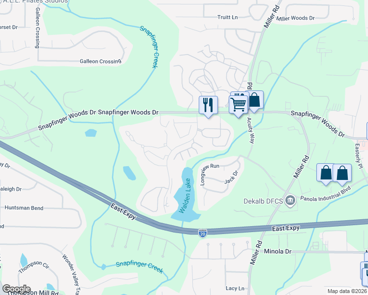 map of restaurants, bars, coffee shops, grocery stores, and more near 4927 Walden Lake Square in Decatur