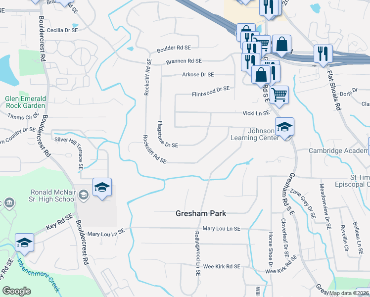 map of restaurants, bars, coffee shops, grocery stores, and more near 2782 Rockcliff Road Southeast in Atlanta