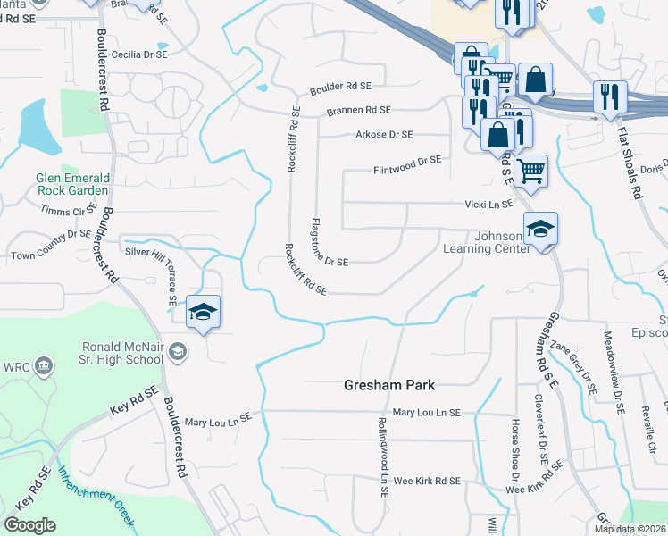 map of restaurants, bars, coffee shops, grocery stores, and more near 2713 Flagstone Drive Southeast in Atlanta