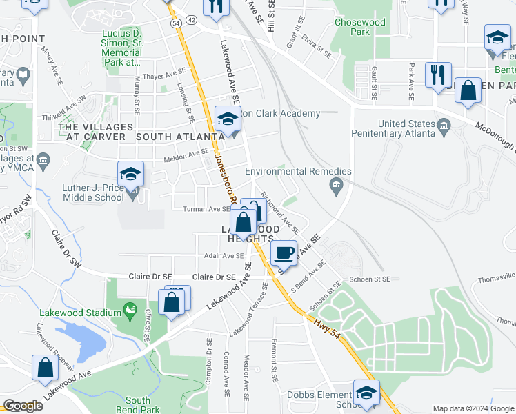 map of restaurants, bars, coffee shops, grocery stores, and more near 1 Charleston Avenue Southeast in Atlanta