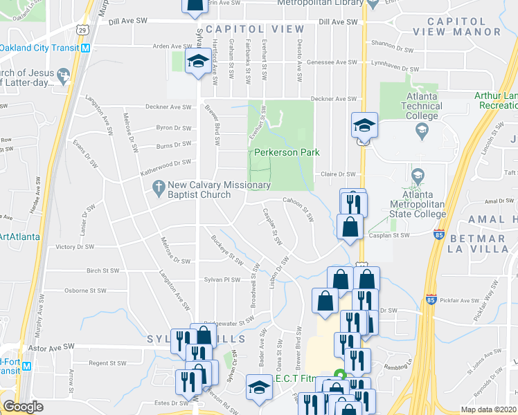 map of restaurants, bars, coffee shops, grocery stores, and more near 808 Casplan Street Southwest in Atlanta